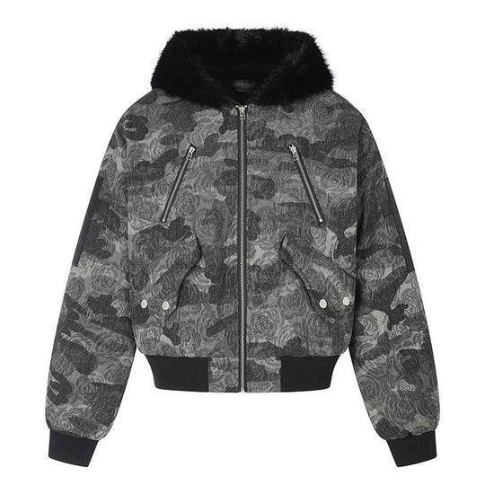 Damen wattierte Bomberjacke mit Kunstfellkapuze, Rosen‑Jacquard und Zipper‑Details Shop Nory