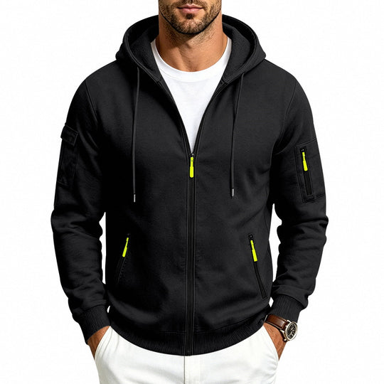 Herren Kapuzen-Reißverschlussjacke mit Ärmeltaschen, Kontrast-Zipper und Rippbündchen Shop Nory