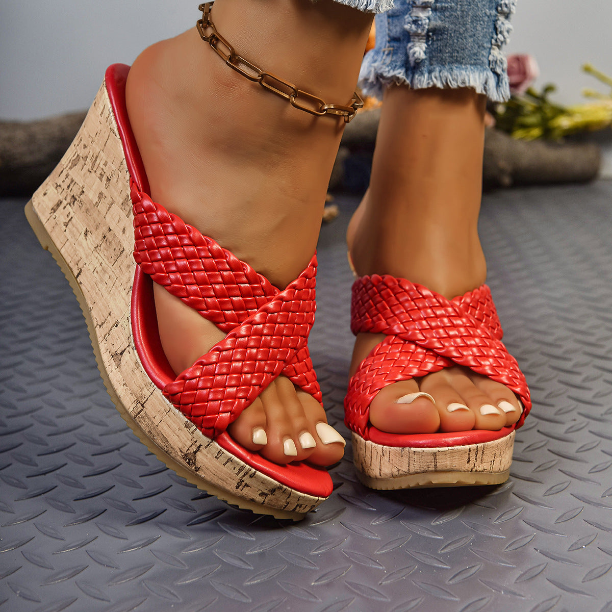 Damen Wedge-Pantoletten mit geflochtenem Riemendesign Shopnory