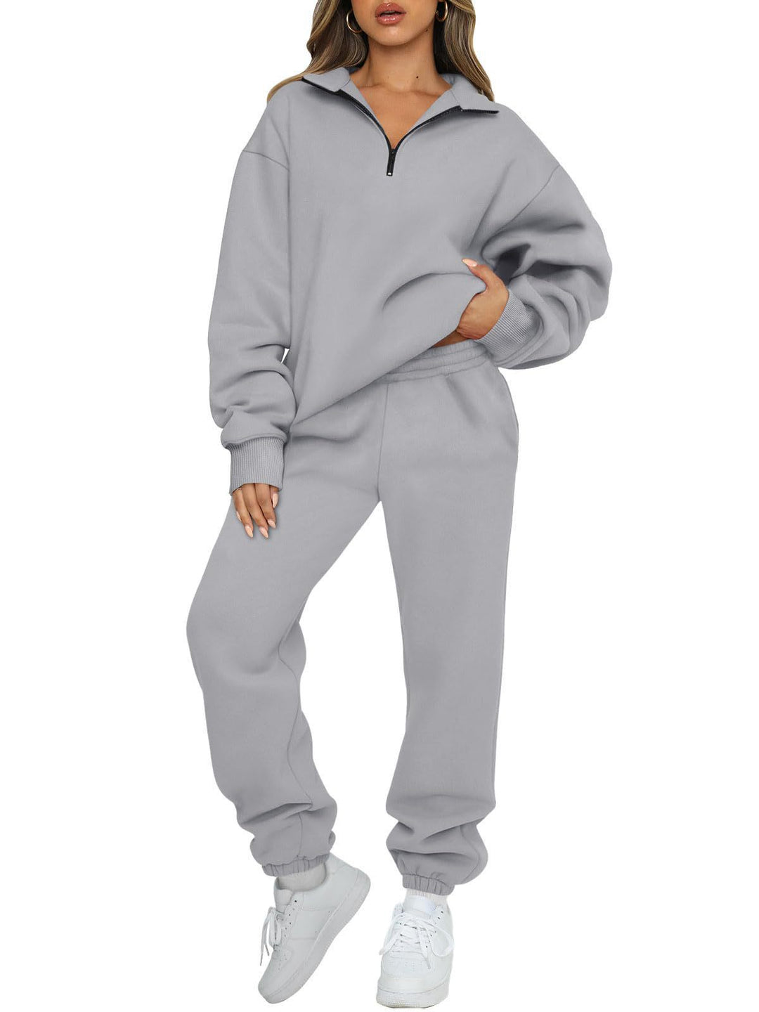 Damen nan Halbzip-Loungewear-Set mit übergroßem Kragenpullover und taillierter Jogginghose mit elastischem Bund Shop Nory
