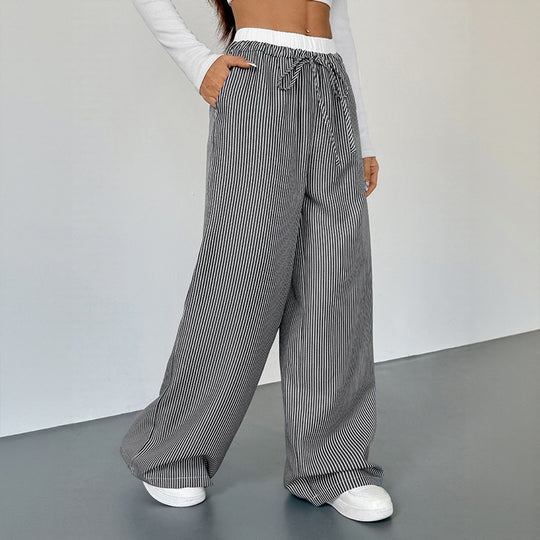 Damen Weite Streifen-Hose im Palazzo-Stil mit Smok-Taillenbund und Kordelzug Shop Nory