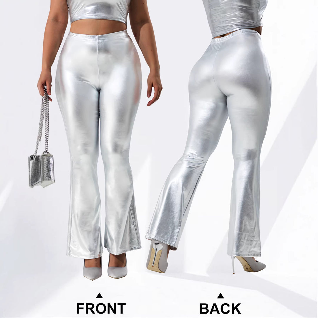 Damen Glänzende High-Waist Schlaghose mit Metallic-Finish Shopy Nory