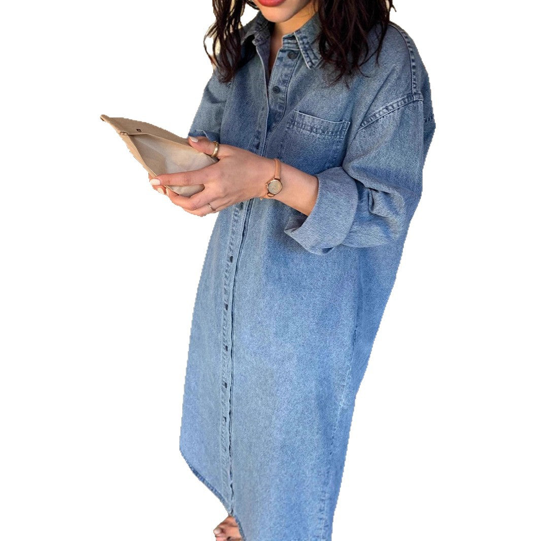 Damen Langes Oversize-Denim-Hemdblusenkleid im washed-Look mit Brusttasche und umgeschlagenen Ärmeln Shop Nory
