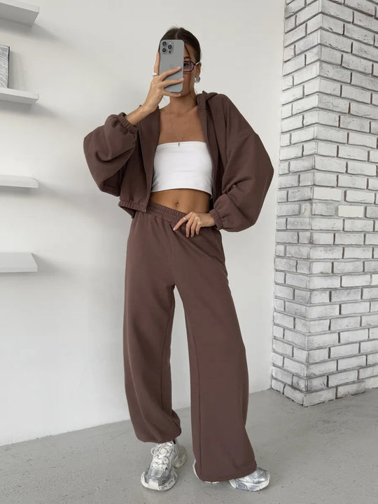Damen Lounge-Set Cropped-Zip-Hoodie mit Oversize-Ärmeln und High-Waist Palazzo-Jogger Shop Nory