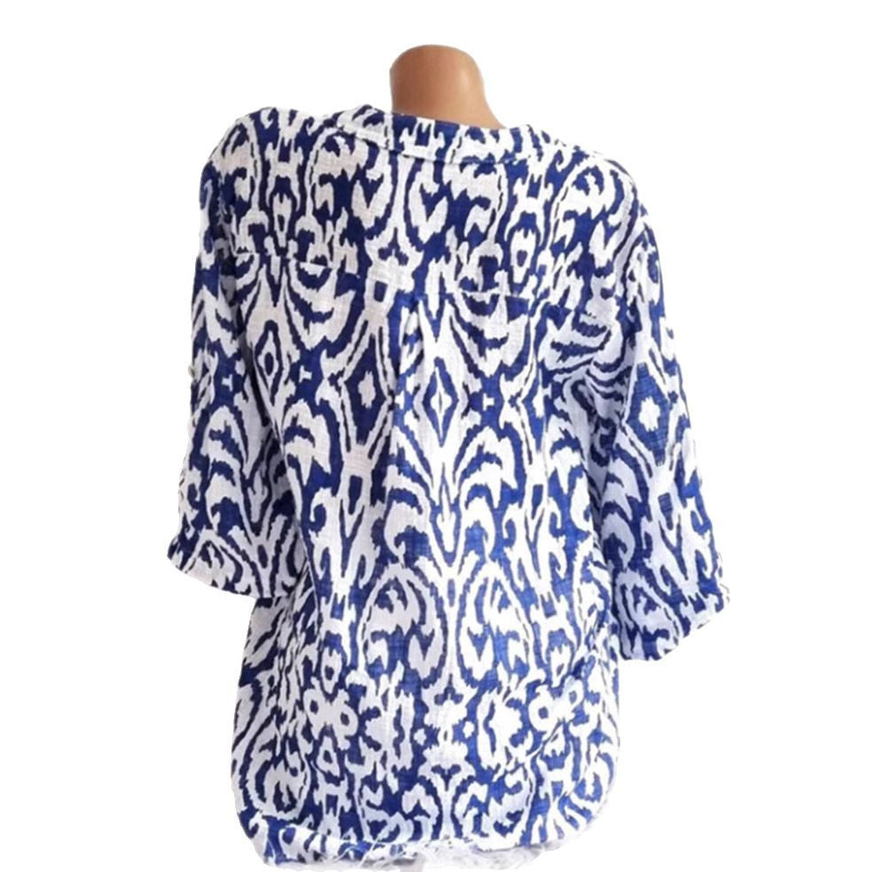 Damen nan locker geschnittene Tunika-Bluse mit Ikat‑Muster, V‑Ausschnitt und Dreiviertelärmeln Shopnory
