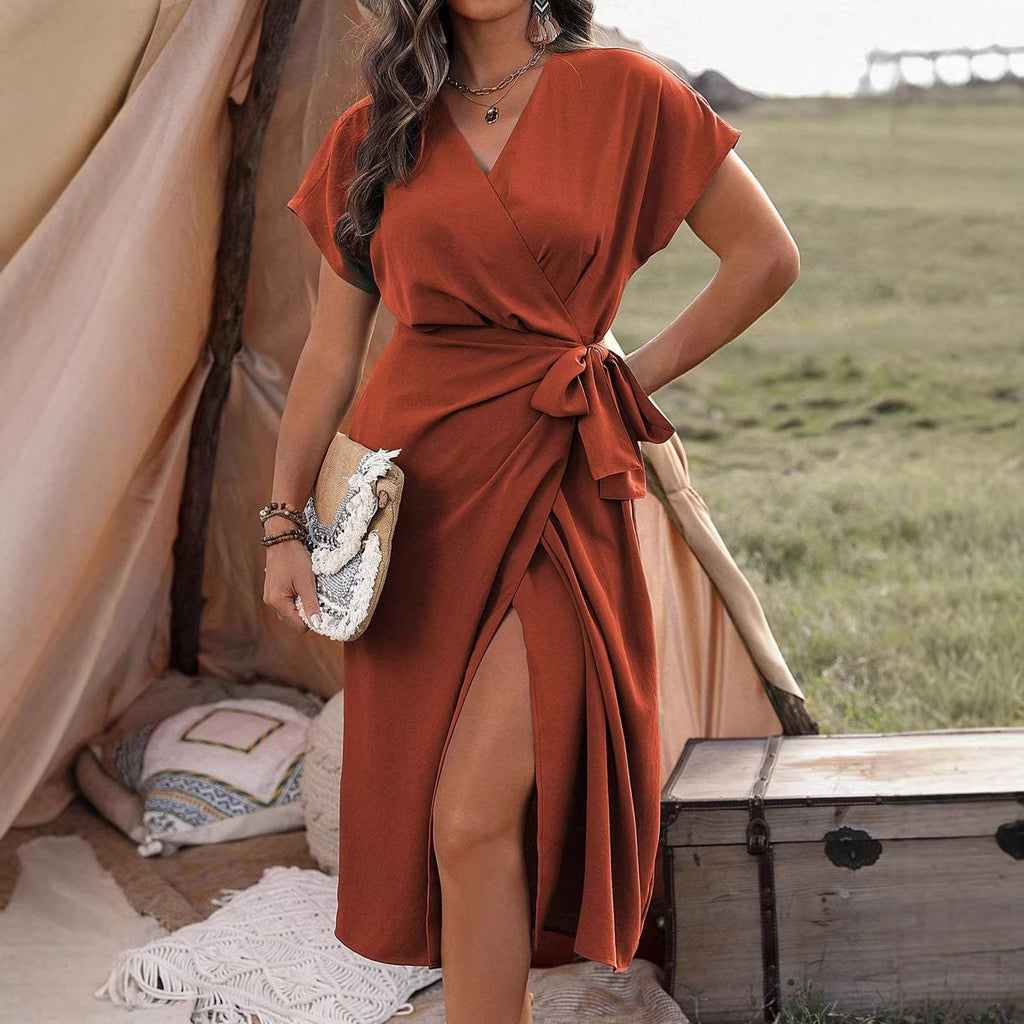 Damen Wickelkleid mit hohem Schlitz und elegantem V-Ausschnitt Shopnory