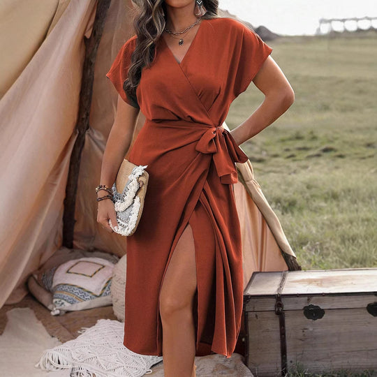 Damen Wickelkleid mit hohem Schlitz und elegantem V-Ausschnitt Shopnory