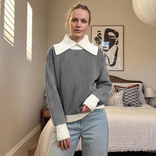 Damen Gestreifter Strickpullover mit übergroßem Kontrastkragen Shop Nory