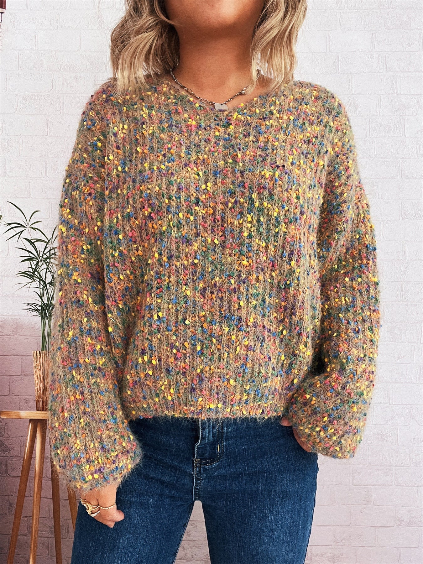 Damen komfortabler Strickpullover mit buntem Strukturmuster und weit geschnittenen Ärmeln
