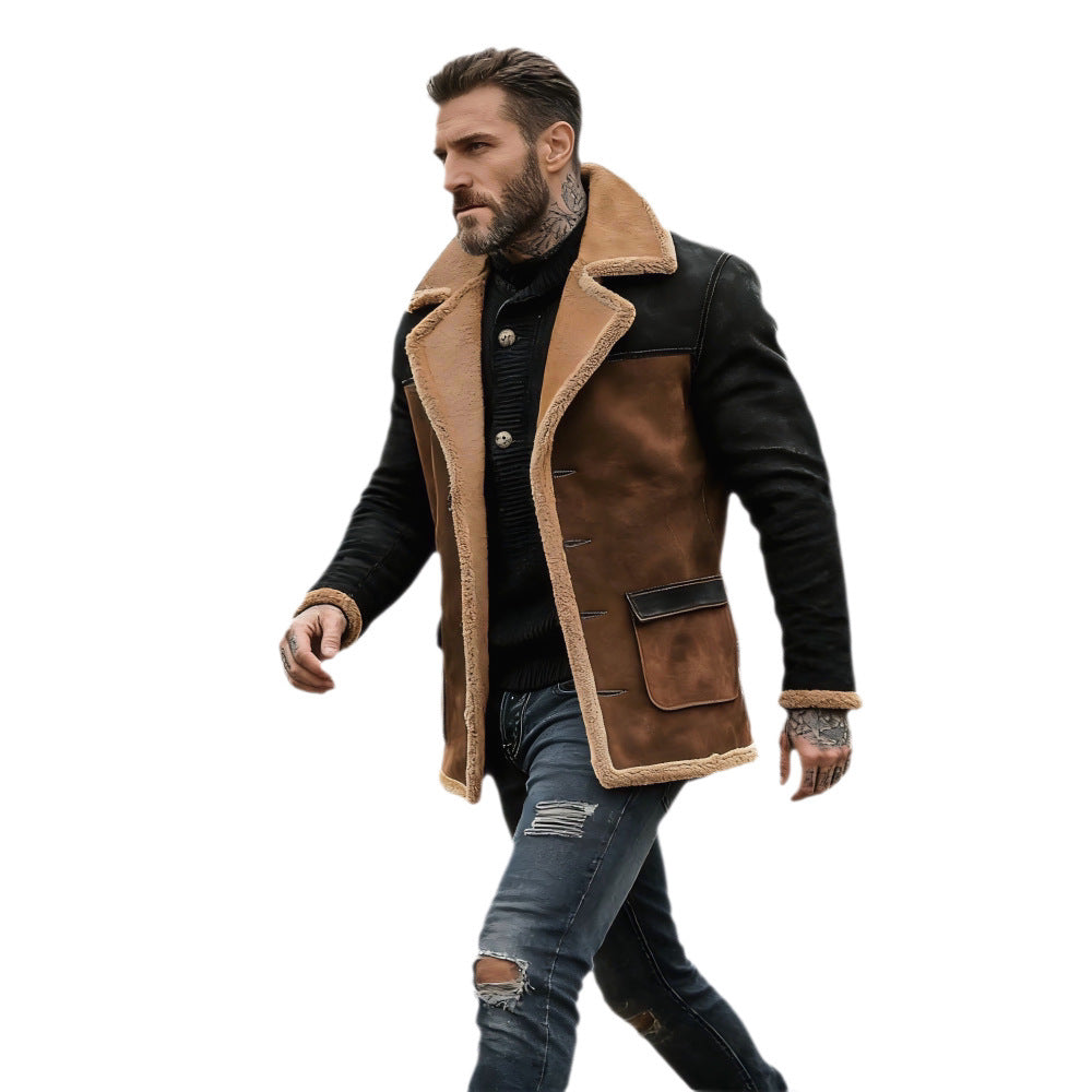 Herren Langer Kunstlammfell-Mantel mit Schalkragen, Kontrastärmeln und Pattentaschen Shop Nory