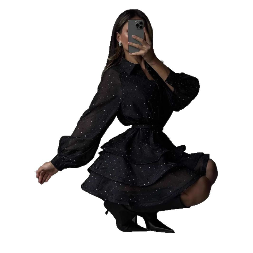 Damen Transparentes Volant-Minikleid mit Hemdblusenkragen, Ballonärmeln und Taillengürtel Shop Nory