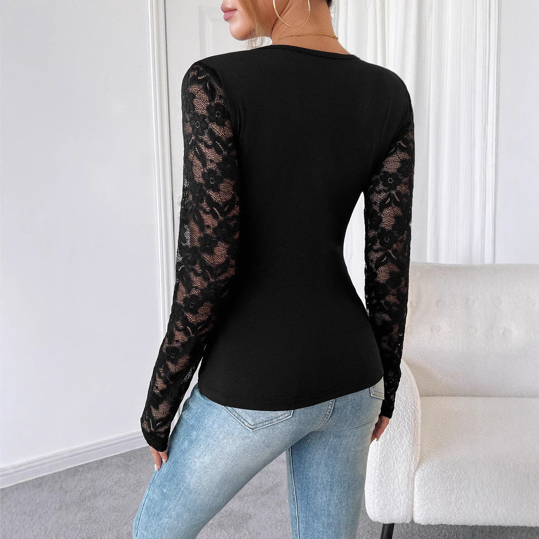Damen Langarmbody mit elegantem Spitzenbesatz
