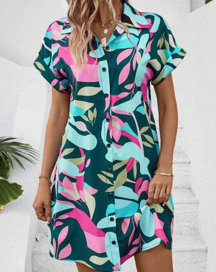 Damen Lockeres Hemdblusenkleid mit Knopfleiste, Reverskragen und floralem Print Shop Nory