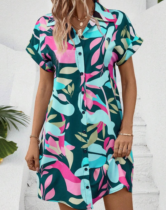 Damen Lockeres Hemdblusenkleid mit Knopfleiste, Reverskragen und floralem Print Shop Nory