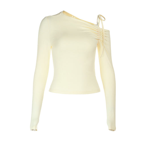 Damen Ein-Schulter-Longsleeve-Cropped-Top mit Raffung, Cut-Out und Zierschleife Shop Nory