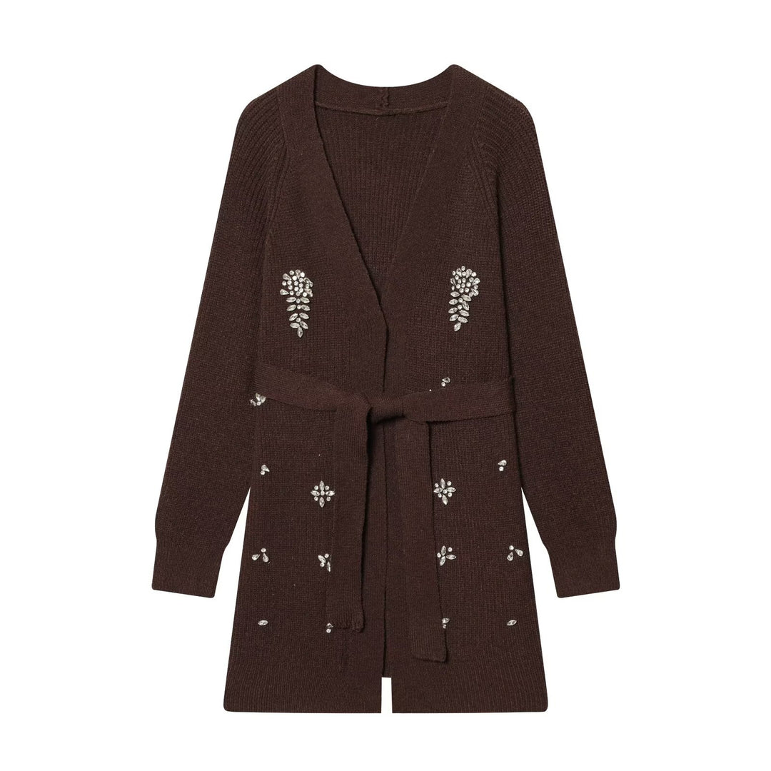 Damen Lange Strickjacke mit Bindegürtel und Schmuckstein-Applikation Shop Nory