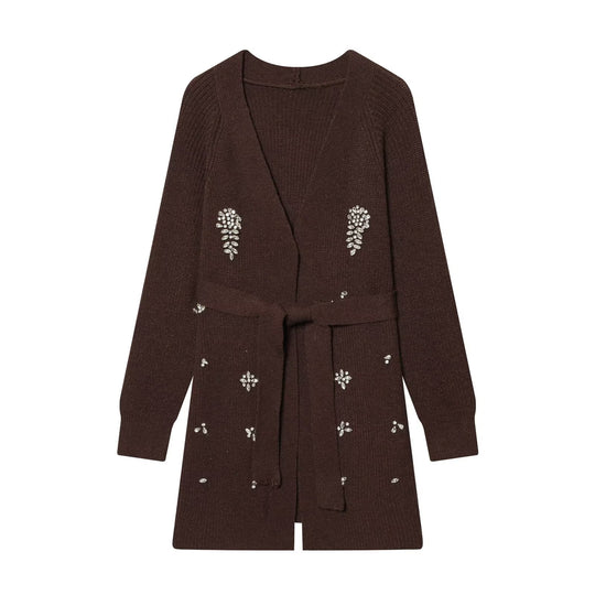 Damen Lange Strickjacke mit Bindegürtel und Schmuckstein-Applikation Shop Nory