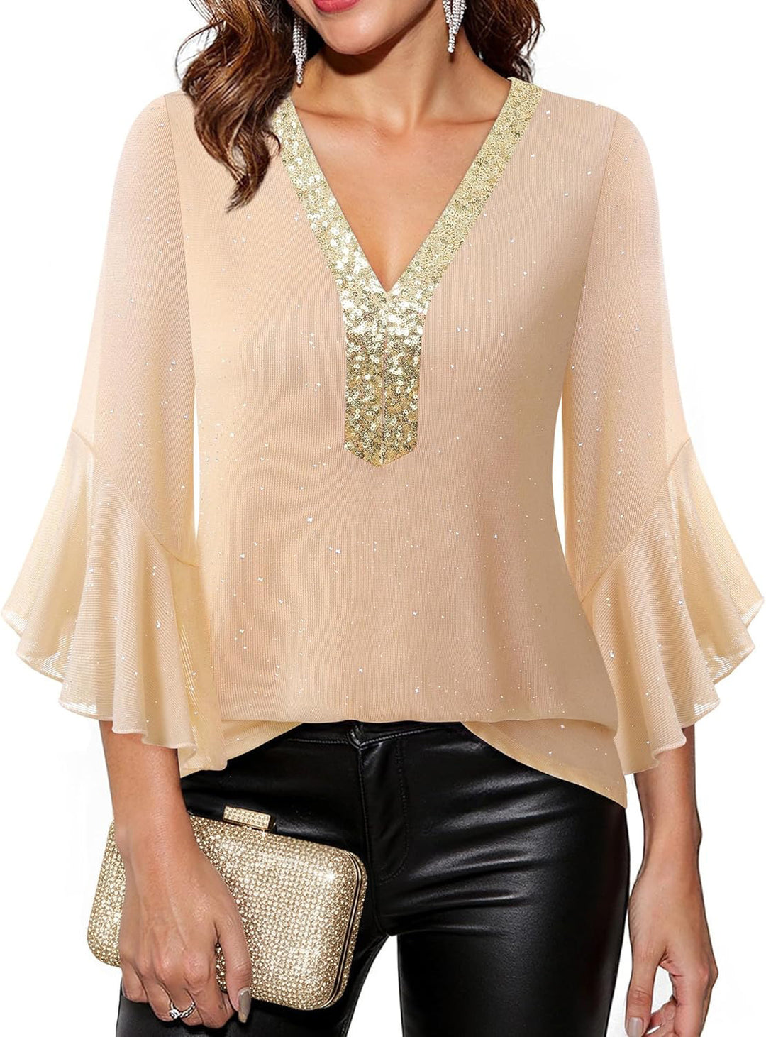 Damen Festliche Mesh-Bluse mit V-Ausschnitt, Paillettenbesatz und Volantärmeln Shop Nory