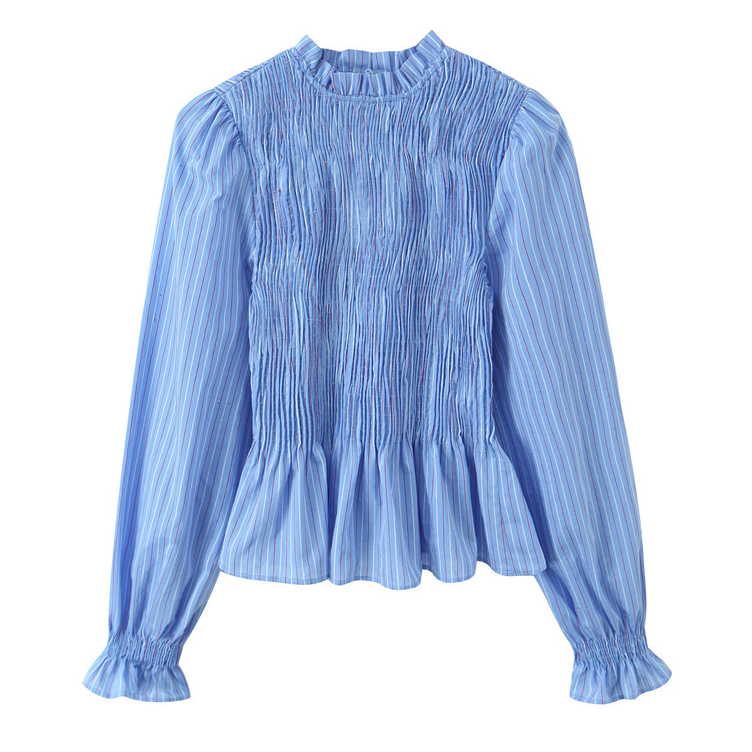 Damen Langärmlige Smockbluse mit Stehkragen und Volantsaum Shop Nory