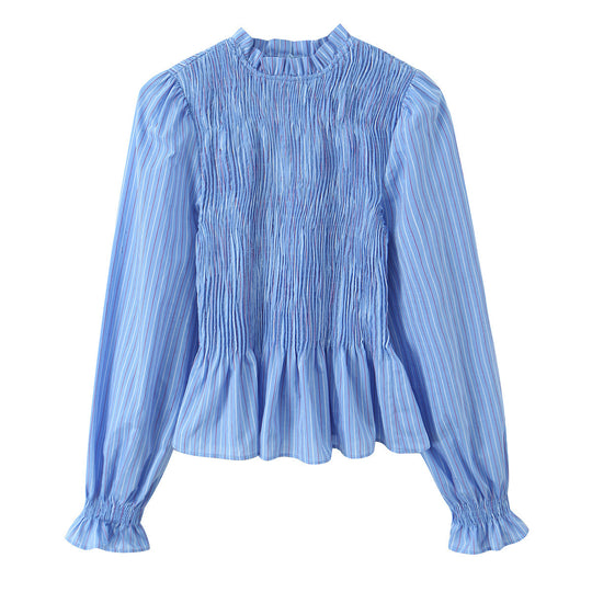 Damen Langärmlige Smockbluse mit Stehkragen und Volantsaum Shop Nory