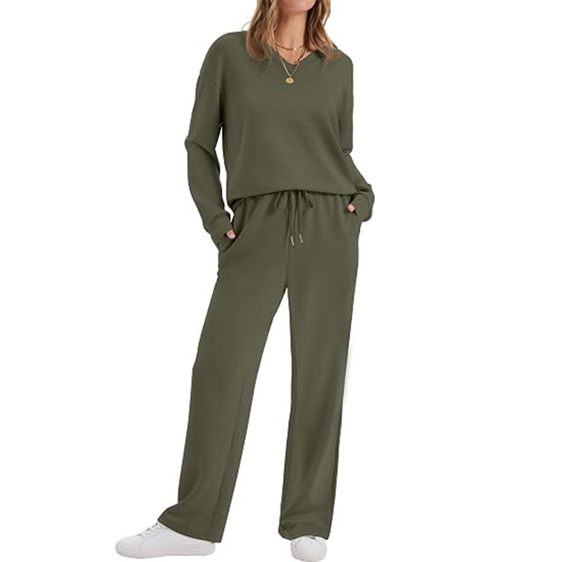 Damen Lässiges Lounge-Set mit V-Ausschnitt-Sweatshirt und weiten Tunnelzug-Hosen Shop Nory