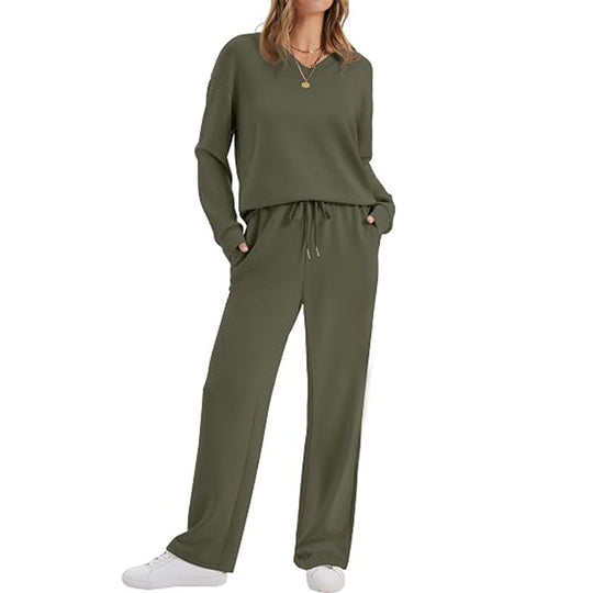 Damen Lässiges Lounge-Set mit V-Ausschnitt-Sweatshirt und weiten Tunnelzug-Hosen Shop Nory