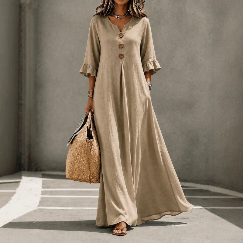 Damen Leichtes Maxikleid aus Leinenoptik mit V-Ausschnitt Zierknopfleiste und Volantärmeln Shop Nory