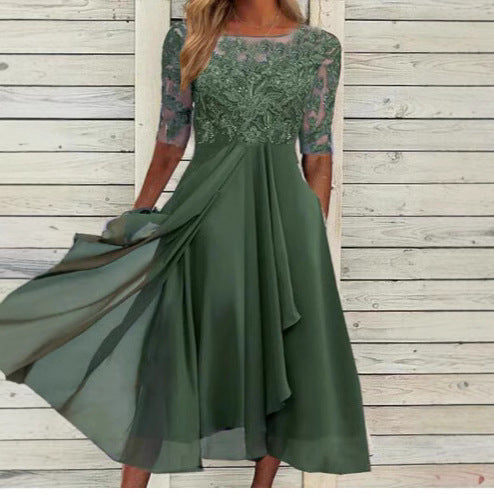Damen Elegantes Midikleid mit Spitzenärmeln und schwingendem Rock