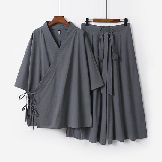 Damen Kimono-Loungewear-Set aus leichter Viskose mit Wickeloberteil und weitem Culotte-Hosenrock Shop Nory