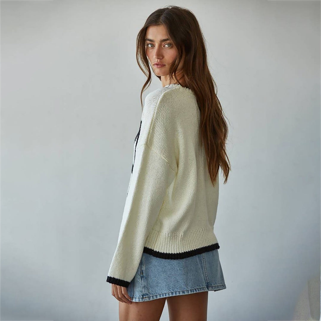 Damen Grobstrick-Pullover mit Rundhalsausschnitt, Kontrastbesatz & Oversized-Silhouette Shop Nory