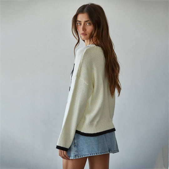 Damen Grobstrick-Pullover mit Rundhalsausschnitt, Kontrastbesatz & Oversized-Silhouette Shop Nory