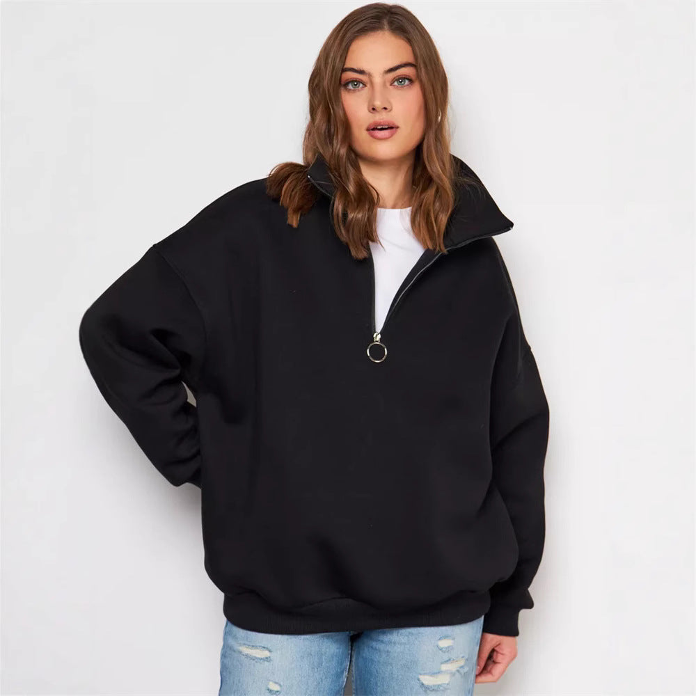 Damen Oversized Halbzip Sweater mit hohem Stehkragen und Rippbündchen Shop Nory