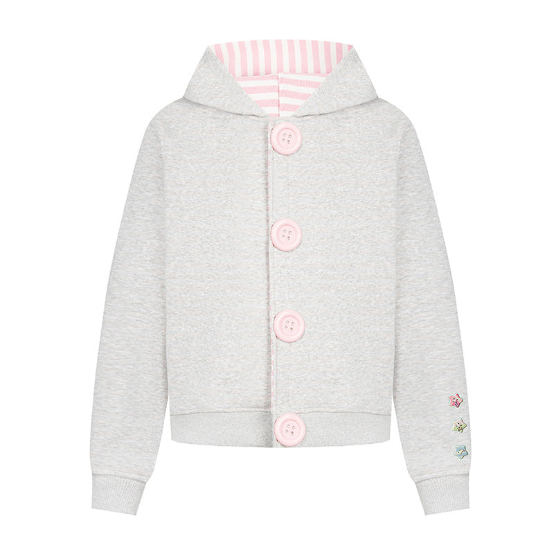 Damen Kapuzen‑Sweatjacke mit übergroßen Knöpfen, gestreiftem Innenfutter und Rippbündchen Shop Nory