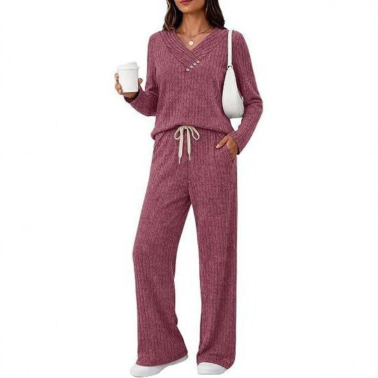Damen Weiches Rippstrick-Lounge-Set mit V-Ausschnitt und Kordelbund Shop Nory