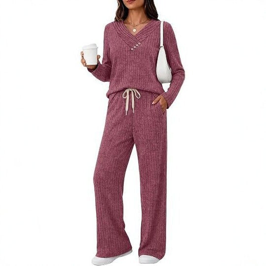Damen Weiches Rippstrick-Lounge-Set mit V-Ausschnitt und Kordelbund Shop Nory