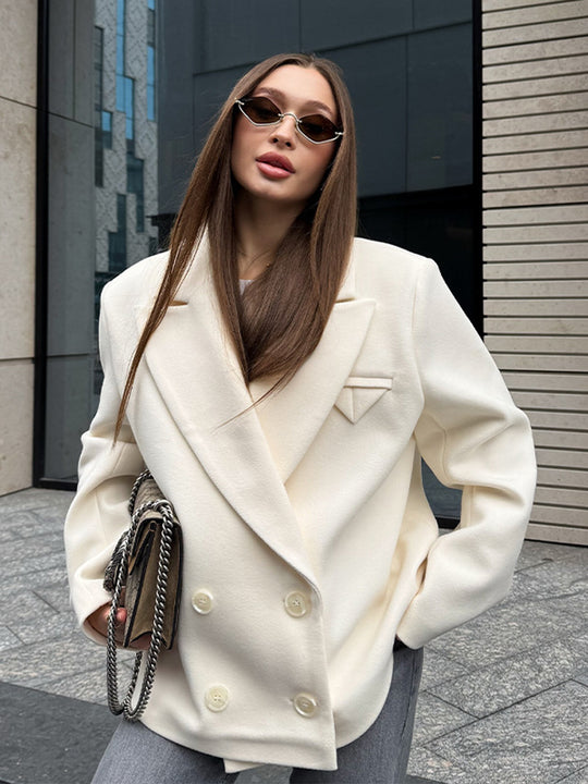 Damen Oversize Doppelreihiger Kurzblazer im Cocoon-Schnitt aus Wollmix Shop Nory