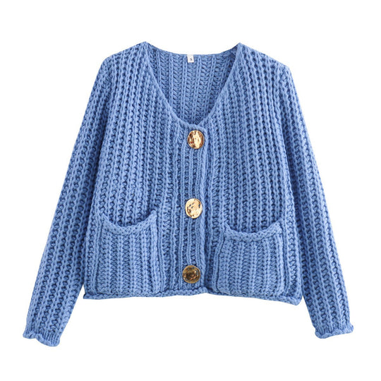 Damen Kurzcardigan im Rippen-Grobstrick mit aufgesetzten Taschen und Statementknöpfen Shop Nory