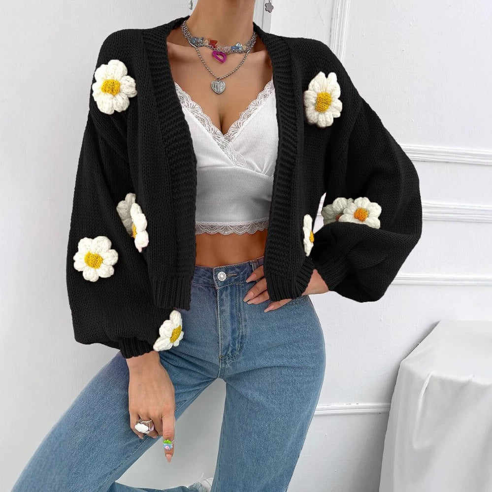 Damen Kurzgeschnittener Grobstrick-Cardigan mit 3D-Blütenapplikationen Shop Nory