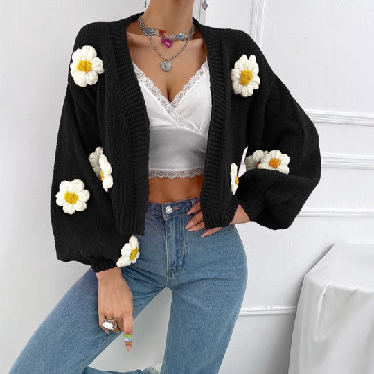 Damen Kurzgeschnittener Grobstrick-Cardigan mit 3D-Blütenapplikationen Shop Nory
