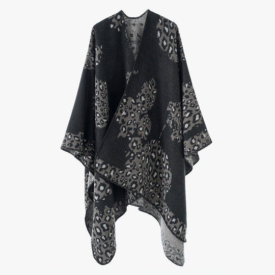 Damen Wolloptik-Überwurf mit gewebtem Leopard-Jacquard und offenem Zipfelrand Shop Nory