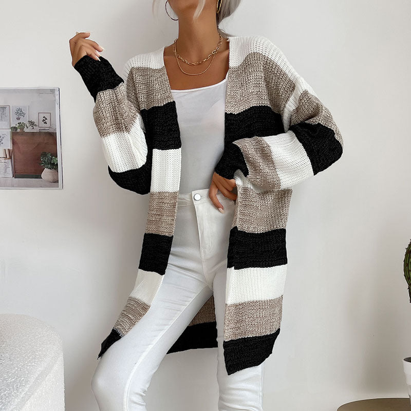 Damen Langer Oversize-Strickcardigan mit Blockstreifen und offener Front Shop Nory