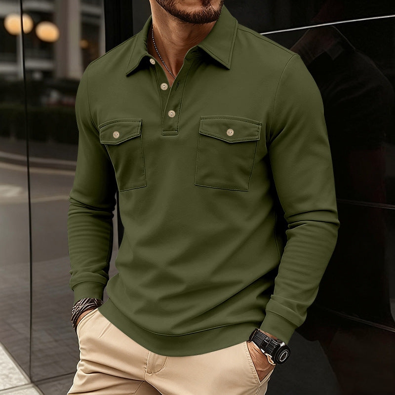 Herren nan figurbetontes Langarm-Poloshirt mit Hemdkragen und aufgesetzten Brustklappen