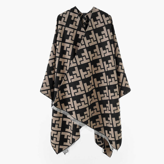 Damen Oversize Jacquard-Capeponcho aus Wollmix mit geometrischem Muster und Fransen Shop Nory