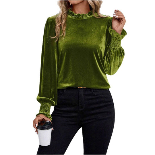 Damen Samtbluse mit Rüschenkragen, Ballonärmeln und Stretch-Smock-Bündchen Shop Nory