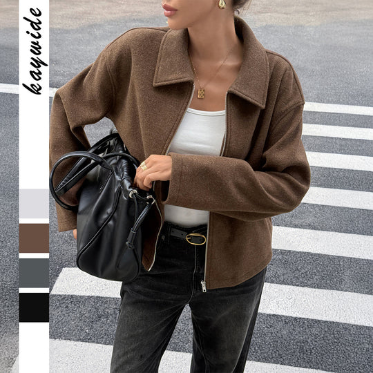 Damen nan kaschmirähnliche Wolljacke mit durchgehendem Reißverschluss, oversized Schnitt und Hemdkragen Shop Nory