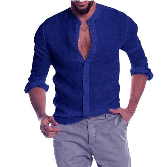 Herren nan Leinenhemd mit Stehkragen, durchgehender Knopfleiste und legerer Slim-Fit-Passform