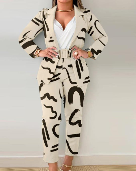 Damen Tailoring-Set mit Animal-Print-Revers, tailliertem Gürtelblazer und High‑Waist-Slimhose Shop Nory