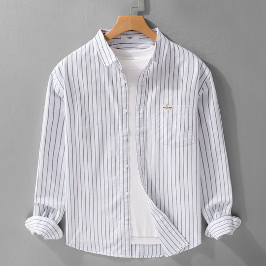 Herren Gestreiftes Layering-Overshirt aus softem Baumwollmix mit Kentkragen und aufgesetzter Brusttasche Shop Nory