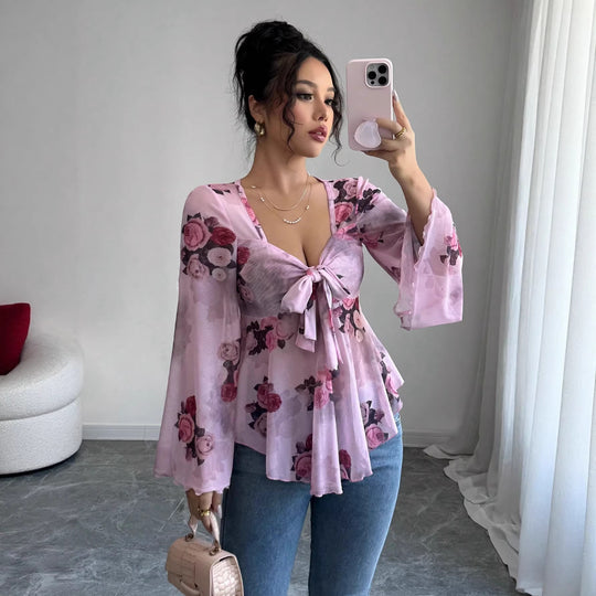 Damen Transparente Chiffon-Babydoll-Bluse mit Knotenfront und floralem Allover-Print Shop Nory