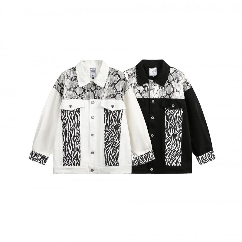 Damen Oversize-Jeansjacke im Patchwork-Tierprint mit Reverskragen und Pattentaschen Shop Nory